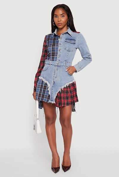 Womens Plaid Patchwork Denim Shirt Dress, Blue, Size S