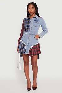 Womens Plaid Patchwork Denim Shirt Dress, Blue, Size S