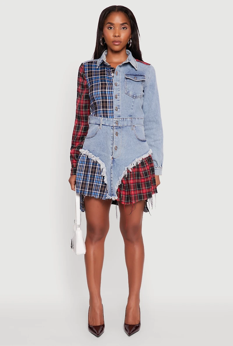 Womens Plaid Patchwork Denim Shirt Dress, Blue, Size S