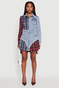 Womens Plaid Patchwork Denim Shirt Dress, Blue, Size S
