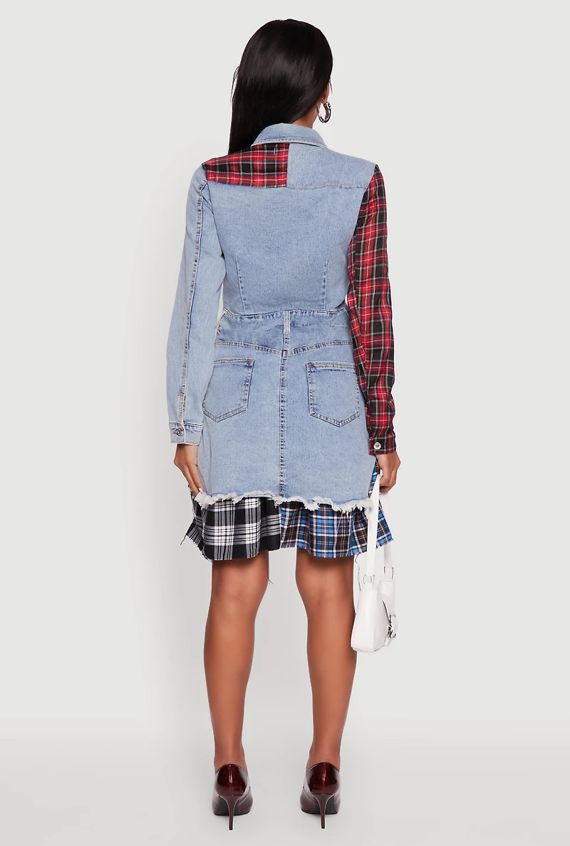 Womens Plaid Patchwork Denim Shirt Dress, Blue, Size S