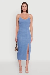 Womens Denim Pintuck Scoop Neck Side Slit Dress, Blue,