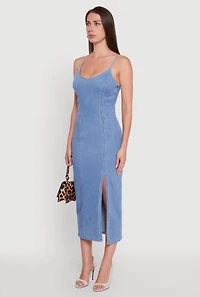 Womens Denim Pintuck Scoop Neck Side Slit Dress, Blue,