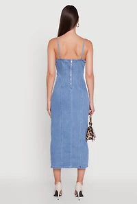 Womens Denim Pintuck Scoop Neck Side Slit Dress, Blue,