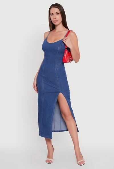 Womens Denim Pintuck Scoop Neck Side Slit Dress, Blue, Size M