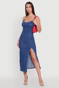 Denim Pintuck Scoop Neck Side Slit Dress