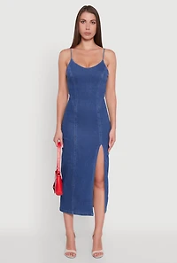 Womens Denim Pintuck Scoop Neck Side Slit Dress, Blue, Size M