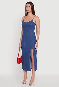Womens Denim Pintuck Scoop Neck Side Slit Dress, Blue, Size M