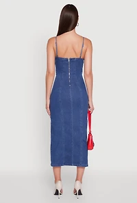 Womens Denim Pintuck Scoop Neck Side Slit Dress, Blue, Size M