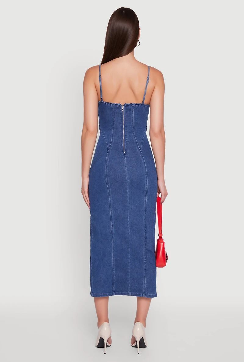 Womens Denim Pintuck Scoop Neck Side Slit Dress, Blue, Size S