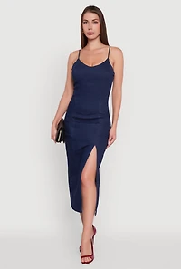 Denim Pintuck Scoop Neck Side Slit Dress