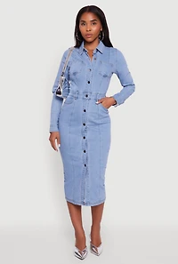 Womens Denim Button Front Long Sleeve Shirt Dress, Blue,