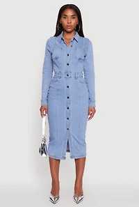 Womens Denim Button Front Long Sleeve Shirt Dress, Blue,