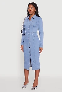 Womens Denim Button Front Long Sleeve Shirt Dress, Blue,