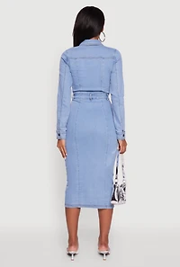Womens Denim Button Front Long Sleeve Shirt Dress, Blue,