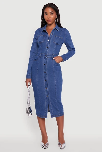 Womens Denim Button Front Long Sleeve Shirt Dress, Blue, Size M