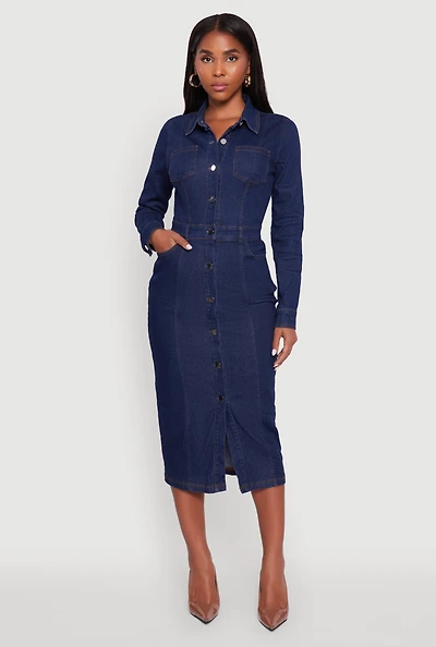 Womens Denim Button Front Long Sleeve Shirt Dress, Blue,
