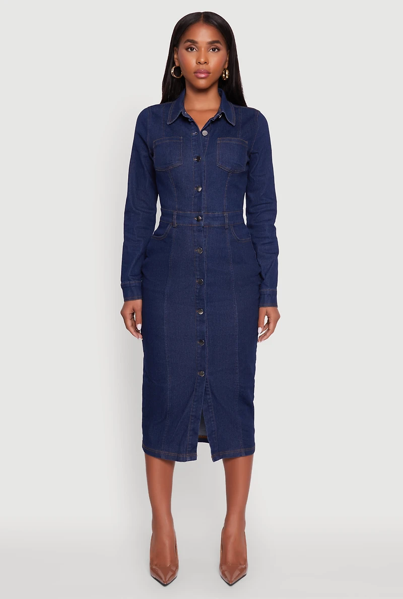 Womens Denim Button Front Long Sleeve Shirt Dress, Blue,