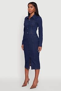 Womens Denim Button Front Long Sleeve Shirt Dress, Blue,