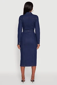 Womens Denim Button Front Long Sleeve Shirt Dress, Blue,