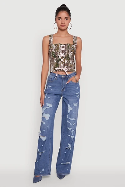 Womens Hunter Camouflage Ribbon Lace-Up Crop Top, Multi,