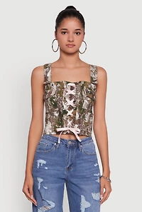 Womens Hunter Camouflage Ribbon Lace-Up Crop Top, Multi, Size XL