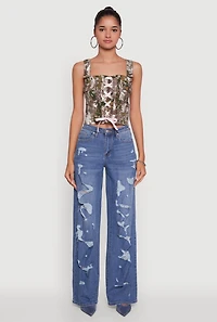 Womens Hunter Camouflage Ribbon Lace-Up Crop Top, Multi,