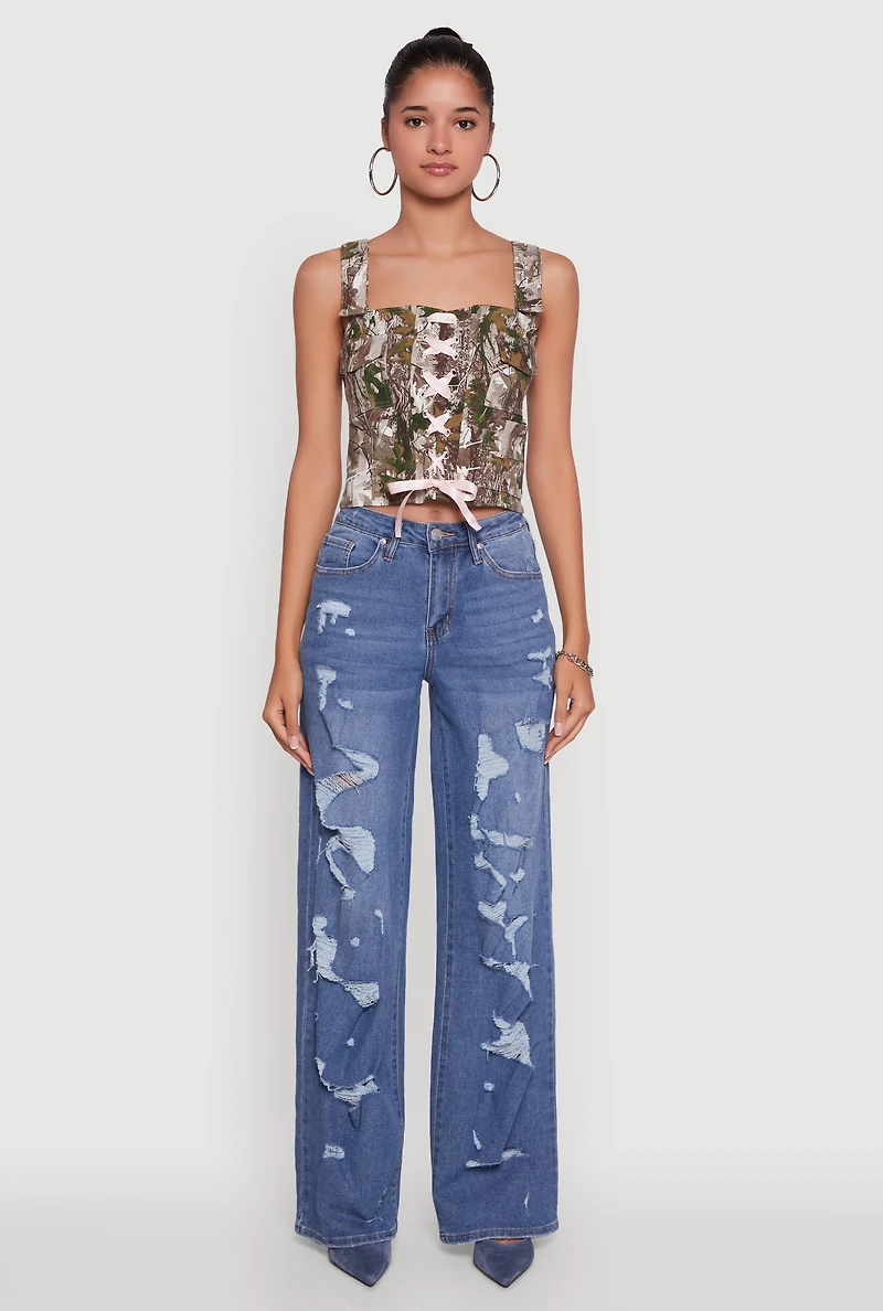 Hunter Camouflage Ribbon Lace-Up Crop Top