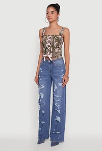 Womens Hunter Camouflage Ribbon Lace-Up Crop Top, Multi, Size L