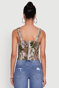 Womens Hunter Camouflage Ribbon Lace-Up Crop Top, Multi, Size L