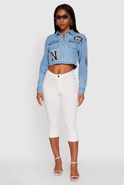 Womens Chambray 1982 NYC Embroidered Patch Graphic Cropped Shirt, Blue,