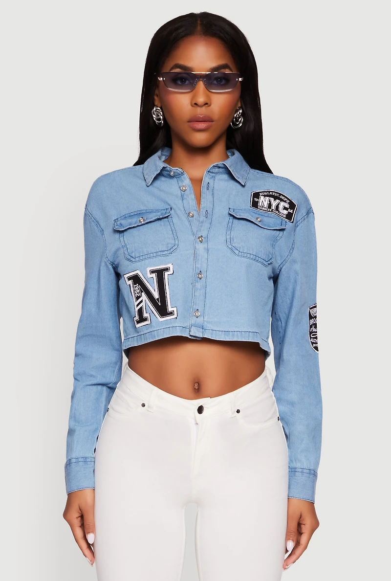 Womens Chambray 1982 NYC Embroidered Patch Graphic Cropped Shirt, Blue,