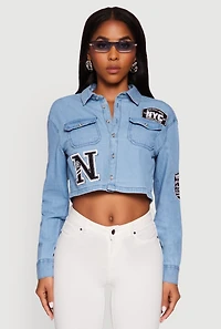 Womens Chambray 1982 NYC Embroidered Patch Graphic Cropped Shirt, Blue,