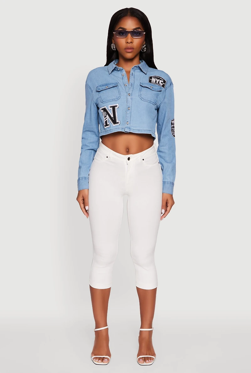 Womens Chambray 1982 NYC Embroidered Patch Graphic Cropped Shirt, Blue,