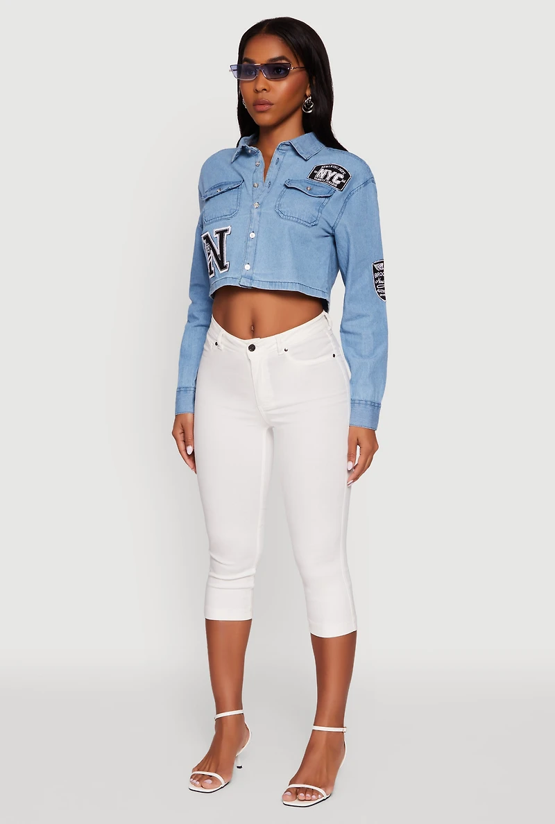 Womens Chambray 1982 NYC Embroidered Patch Graphic Cropped Shirt, Blue,