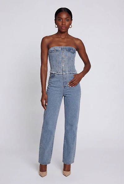 Corset Detail Straight Leg Denim Jumpsuit