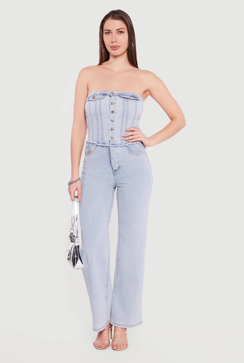 Corset Detail Straight Leg Denim Jumpsuit