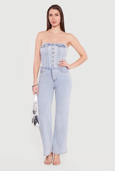 Corset Detail Straight Leg Denim Jumpsuit