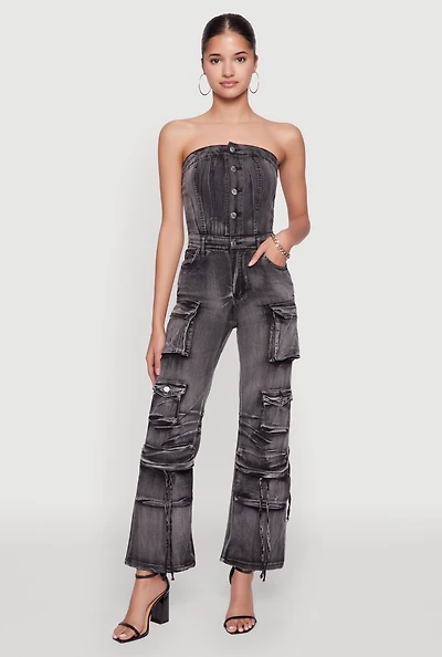 Womens Daisy Denim Strapless Flare Jumpsuit with Cargo Pockets,