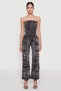 Womens Daisy Denim Strapless Flare Jumpsuit with Cargo Pockets,