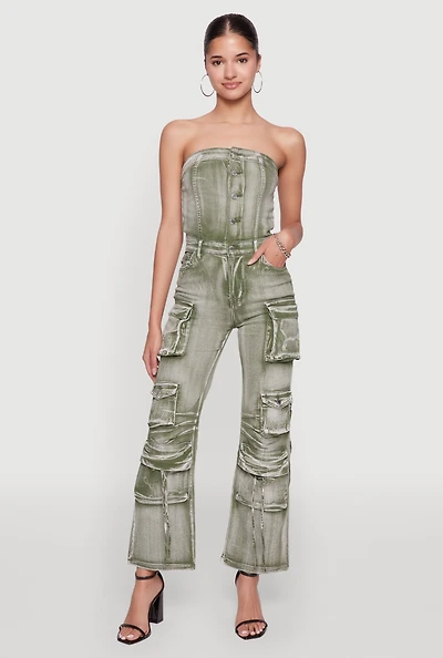 Womens Daisy Denim Strapless Flare Jumpsuit with Cargo Pockets,
