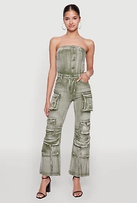 Daisy Denim Strapless Flare Jumpsuit with Cargo Pockets