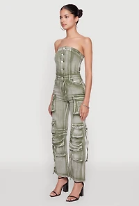 Daisy Denim Strapless Flare Jumpsuit with Cargo Pockets