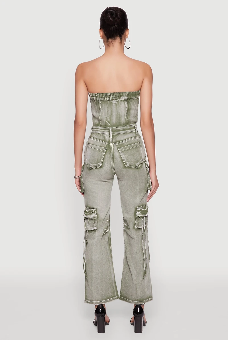 Daisy Denim Strapless Flare Jumpsuit with Cargo Pockets