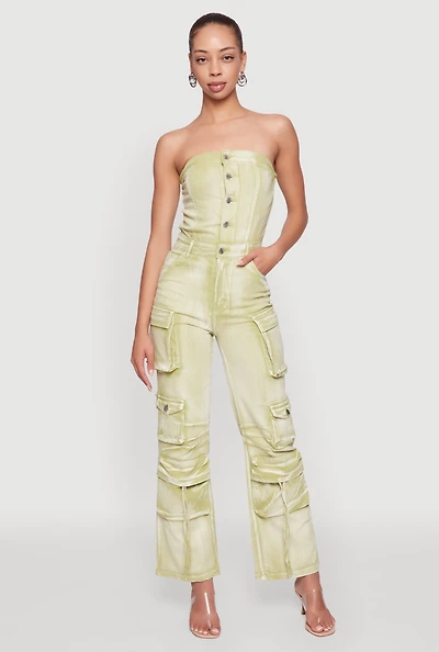 Daisy Denim Strapless Flare Jumpsuit with Cargo Pockets