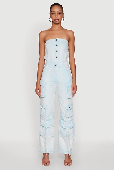 Womens Daisy Denim Strapless Flare Jumpsuit with Cargo Pockets, L