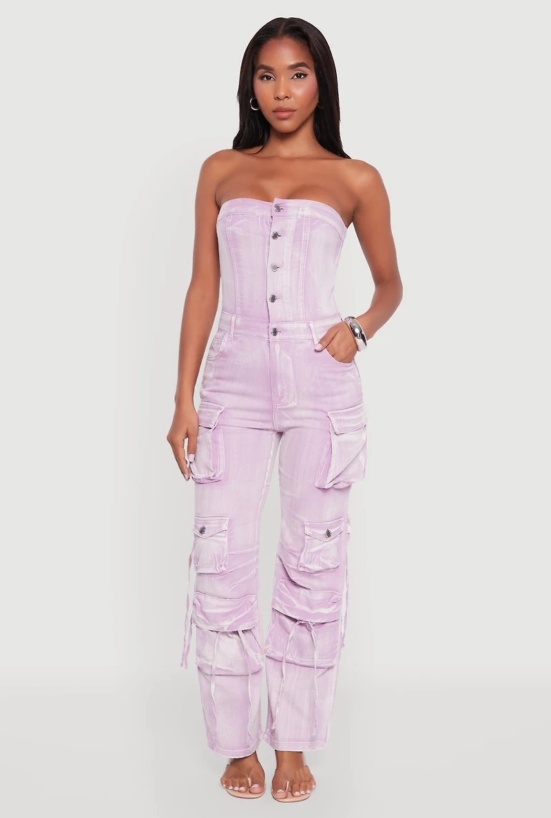 Daisy Denim Strapless Flare Jumpsuit with Cargo Pockets
