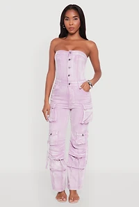 Daisy Denim Strapless Flare Jumpsuit with Cargo Pockets