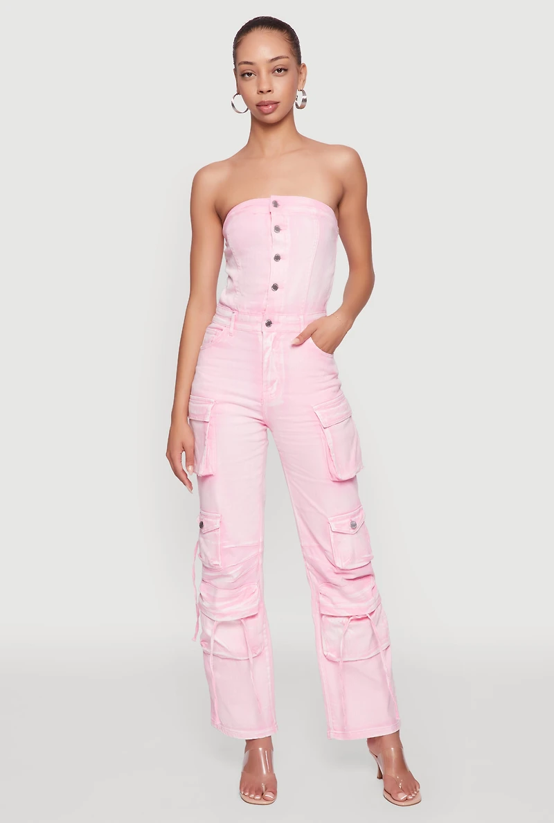 Daisy Denim Strapless Flare Jumpsuit with Cargo Pockets