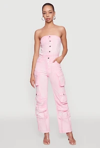 Daisy Denim Strapless Flare Jumpsuit with Cargo Pockets